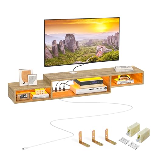 FABATO 59'' Floating TV Stand with LED Light Power Outlet, Floating Shelf for Under TV Wall Mount with Storage Shelf, Media Console Entertainment Center for Living Room, Natural Oak