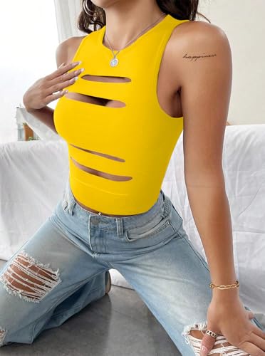 Image of LovelyWholesale Women Sexy Cut Out Crop Tank Tops Crew Neck Summer Sleeveless Top