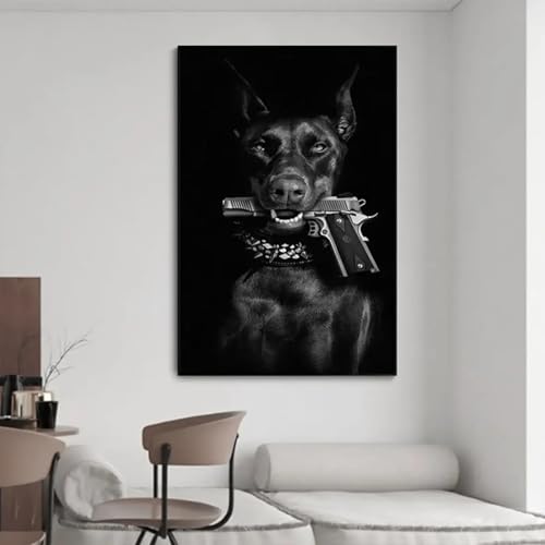 LSYALUCK Affiche de mode de chien de luxe avec pistolet dans sa bouche, peinture sur toile, art mural, image pour décoration de chambre, cadre intérieur 30x42cm (12x17in)