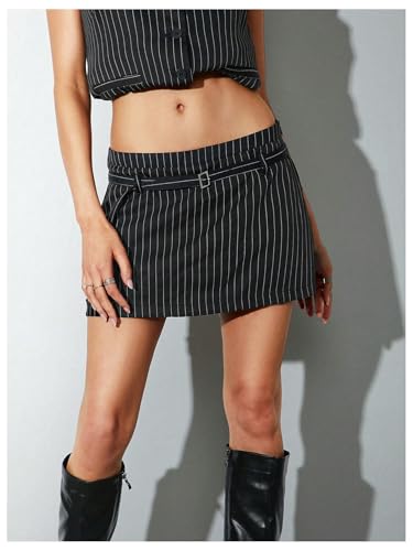 Floerns Women's Striped Mini Skirt Belted Low Waist Workwear Short Skirts with Belt4