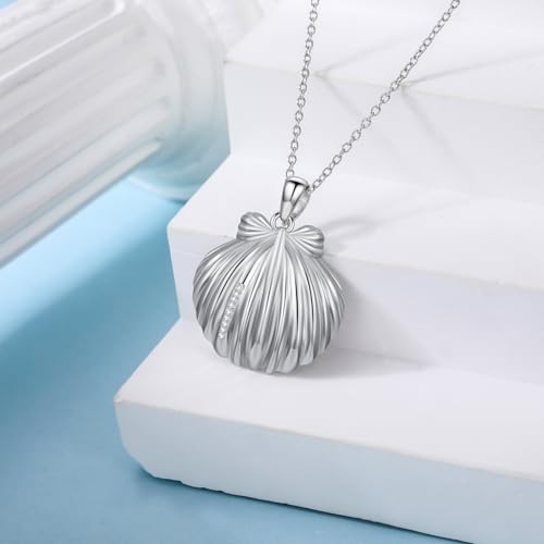 Diamond Shell Necklace S925 Sterling Silver Seashell Necklace Silver Shell Pendant Necklace for Women 18+2Inch2