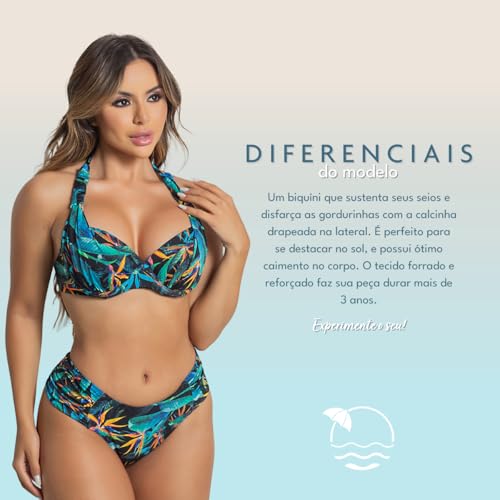 Biquíni Estampado com Bojo Meia-Taça e Calcinha Drapeada Disfarça Barriga (BR, Alfa, GG, Regular, GG