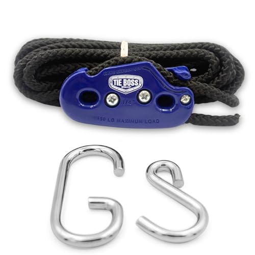 Tie Boss - 1/4 Inch, Medium Duty, (150 lbs Working Load Limit), Weather Resistant, Tie Down, Rope Tightening System, (w/15 ft Rope) (Pack of 1) (Blue)