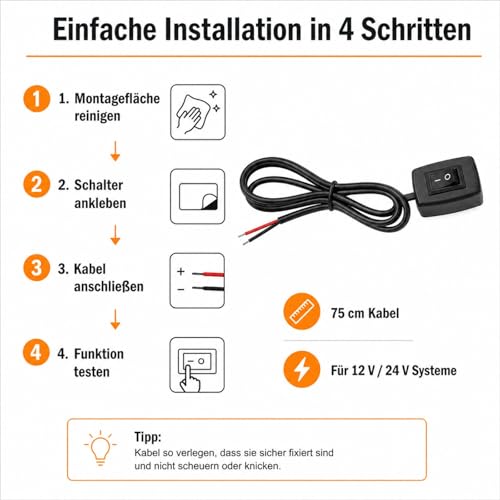 Powice 2 x Kippschalter 12V mit Selbstklebender Rückseite, 3 A 12 V/24 V Schalter mit 75 cm Kabel, 12 V Kippschalter für die Steuerung der Autolichtelektronik