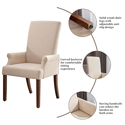 Restworld Fabric Arm Dining Chair,Tufted Upholstered High Back Nailed Trim With Untique Oak Wood Legs For Kitchen Restaurant Room Bedroom (Ivory) #TOP2