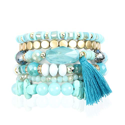 RIAH FASHION Coin Bead Multi Layer Versatile Statement Bracelets - Stackable Beaded Strand Stretch Bangles Sparkly Crystal, Tassel Charm (Turquoise)