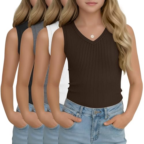 Oakgarden 4 Pack Girls' Ribbed Tank Tops V Neck Sleeveless Summer Tops Cute Slim Fit Kids Soft Athletic Basic Tees(Brown, White, Dark Gray, Black,13-14 Years)