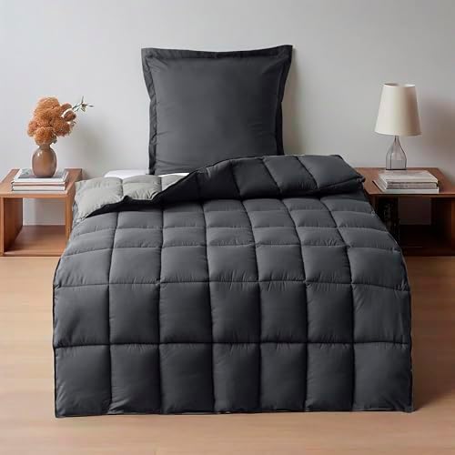 HIG Bettdecke 135x200 cm + 1 Kissenbezug 80x80cm – Oeko-TEX zertifizierte graue Steppdecke, kastenförmig genäht – 1300g Daunenalternative (300GSM) weich & flauschig