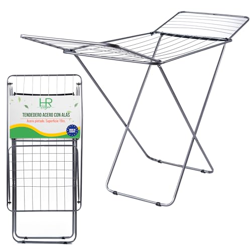 HR Hogar | Tendedero de Ropa Plegable con Alas de Acero para Interior y Exterior - Fabricado en Europa - Ligero y Compacto con Superficie Tendido 18 m + 20 Pinzas de Regalo