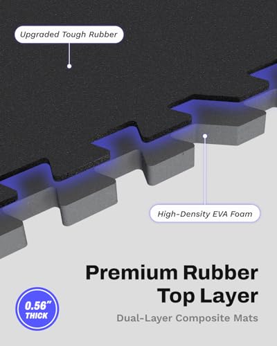 Image of AIRHOP 0.56in Thick 24 Sq Ft Exercise Equipment Mats, 6 Tiles Upgraded Rubber Top with High Density EVA Foam, Large Interlocking Puzzle Gym Flooring for Home Gym, Heavy Weight Workout,Black