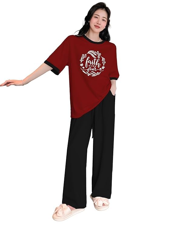 Image of KSHS Printed Round Neck Short Sleeve Nightsuit Set | Pajama Set | Casual Night Dress for Women