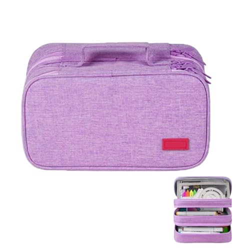 Image of Large Capacity Canvas Pencil Case With 3 Compartments - Light Purple | Portable Canvas Stationery Organizer With Double Zippers, Simple for College, School, Office, Girl, Boy, Men, Women, Adult