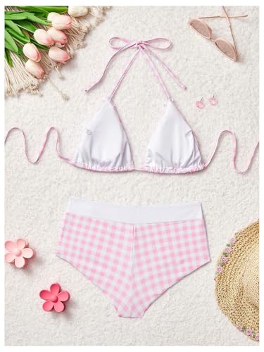 SHENHE Women's Y2k Gingham Bow Bikini Set 2 Piece Triangle Halter Boyshort Swimsuit Swimwear2