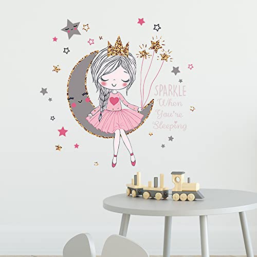 Pumkins Cute Princess Wall Stickers Cartoon Princess Moon Stars Wall Decals for Baby Girl Bedroom Playroom Nursery Baby Kids Room D�cor