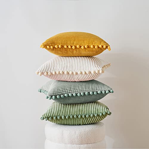 Miulee Boho Decorative Throw Pillow Covers With Pom-Poms, Soft Corduroy Solid Lumbar Cushion Cases For Couch Sofa Bedroom, 12X20 Inch Greyish Green #TOP4