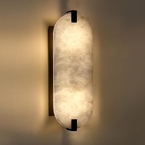Image of 2 Light 15.63 inch Natural Oval Alabaster Marble Bathroom Wall Sconce Modern Concise Style Wall Light Fixture,Oil Rubbed Bronze Finish for Bedroom Hallway Bedside Living Room