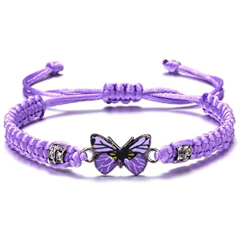 Pingyongchang Butterfly Charm Bracelet Adjustable String Butterfly Friendship Bracelets Cute Hand Woven Colorful Butterfly Charm Bracelets for Women Gifts Jewelry-Purple Cover