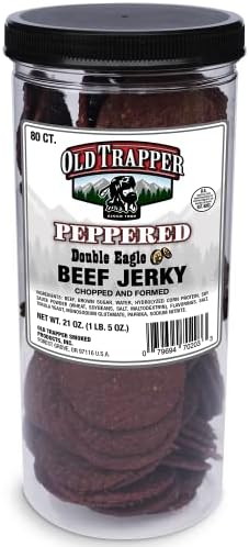 Old Trapper Double Eagle Beef Jerky, Peppered Flavor, 21oz. 80-Piece Jar, Natural Wood Smoked Meat Snacks, 10 Grams of Protein and 80 Calories per Serving (Pack of One)