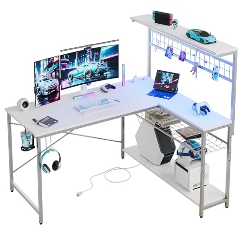 Bestier L Shaped Gaming Desk with Power Outlets, 51 inch LED Computer Desk Reversible Corner Desk with Metal Grid Pegboard and 4 Tiers Storage Shelves, Modern Writing Desk for Home Office, White