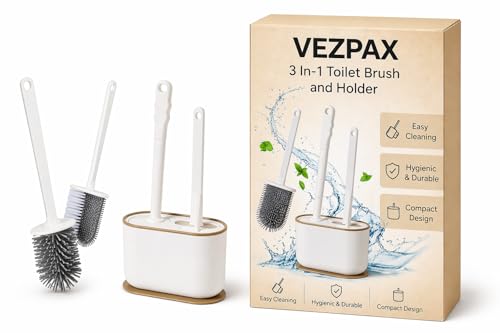 Image of VEZPAX Toilet Brush and Holder Set 3 in 1 Wall Mounted Silicone Flat Toilet Cleaner Set Cleaning Tool Bathroom Cute Tool Toilet Scrubber Long Handle Toilet Brush with Bowl Brush Head