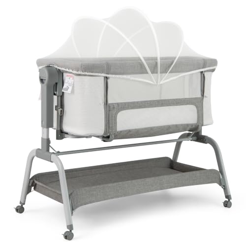 BABY JOY 4 in 1 Rocking Baby Bassinet, Newborn Infant Bedside Sleeper w/6 Adjustable Heights, Net, Mattress, 4-Sided Mesh, Storage Basket & Lockable Wheels, Portable Baby Travel Cot Crib (Light Grey)