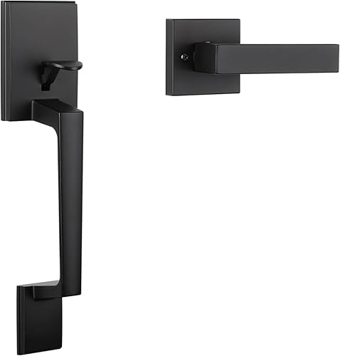 Haidms Manija de puerta delantera negra mate, manija de entrada exterior de un solo cilindro con palanca de puerta, juego de manijas de puerta de