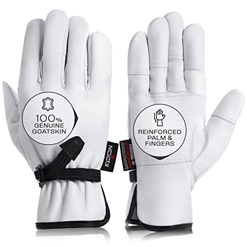 NoCry Leather Work Gloves with Reinforced Palms and Fingers and Adjustable Wrists; Made with 100% Goat Leather; Great Gardening Gloves for Men and Women; Tough Enough for Construction Work Too, Medium