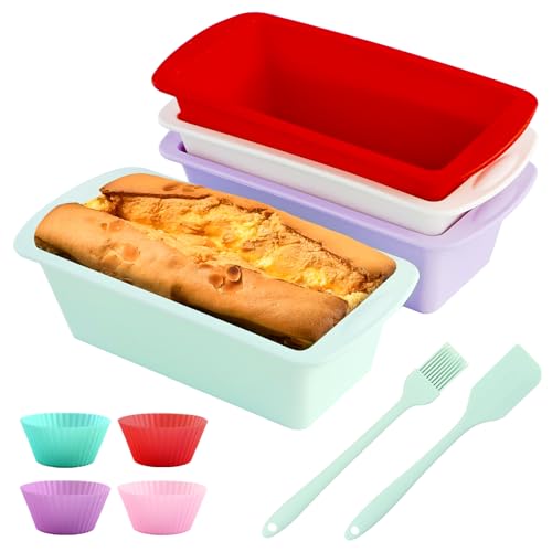 OT-NVWOZR 4 moldes de silicona para hornear y 4 moldes para magdalenas, mini molde para pan con espátula, juego de cepillos antiadherentes, 20 cm, molde de silicona para tartas, pan, brownies