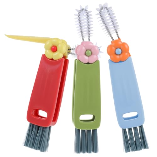 Lnngub 3 Stück Becherdeckel-Reinigungsbürste, 3-IN-1 Cup Lid Cleaning Brush Multifunktionale Fugenreinigungsbürste für Becherdeckel Tragbare Kleine Tassendeckelbürste (Rot, Blau, Grün)