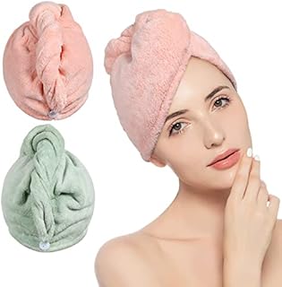 Amazon Brand - Umi Coral Fleece Hair Towel Wrap 2 Pack Turban with Button Design to Dry Hair Quickly