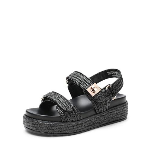 DREAM PAIRS Women's Low Wedge Sandals Comfortable Arch Support Platform Open toe Casual Dressy Flat Summer Sandals with Adjustable Straps 10 Black-raffia