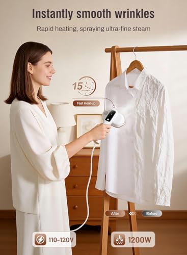 Travel Steamer for Clothes, 2-in-1 Portable Steamer for Clothes, Handheld Garment Steamer and Iron, 1200W with LED Display, 15s Heat-Up, Ceramic Soleplate, Self-Cleaning, 120V, White — view 3