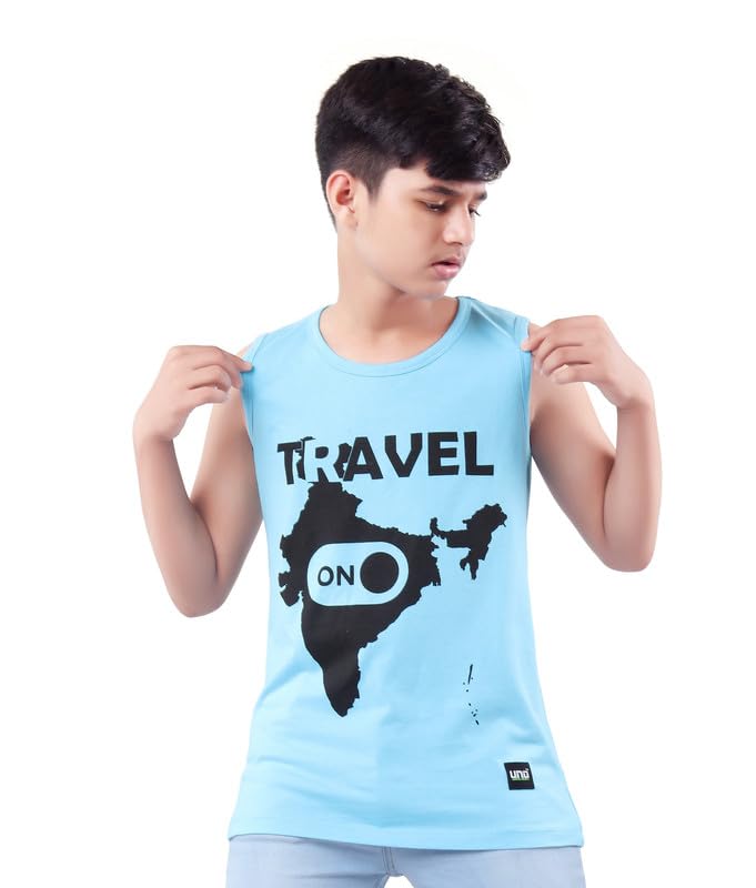 Image of UNOseven Printed Cotton Sleeveless Vest /T-Shirt for Boys - Regular Fit (Pack of 1)