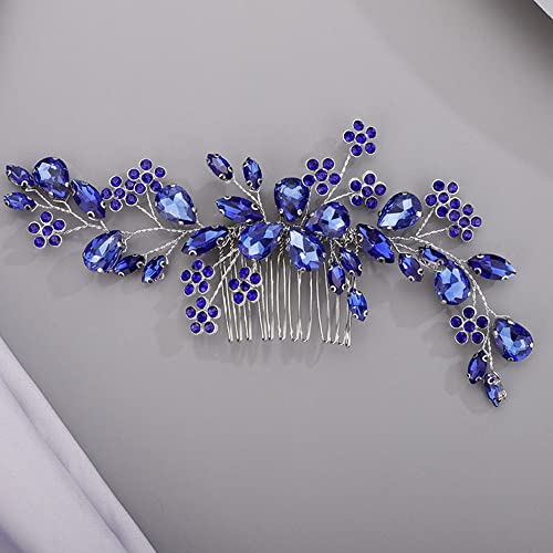Chargances Bridal Wedding Crystal Hair Comb Handmade Flower Gemstone Hair Side Comb Blue Rhinestone Headpiece Bridal Hair Accessories For Wedding Prom Flower Girl (Blue) #TOP16