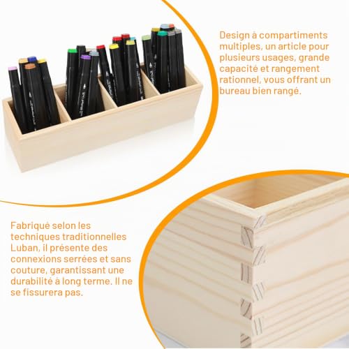 VEGOATY Porte-crayons en bois : 2 pièces porte-crayons carrés, 4 compartiments organisateur de bureau stylos, porte-stylos en bois DIY, organisateur de stylos pour papeterie, 31 x 8,7 – vue 6