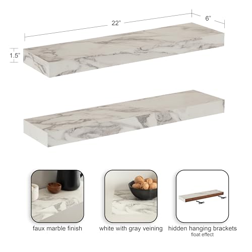 Image of Kate and Laurel Havlock Modern Faux Marble Floating Shelves, Set of 2, 22 x 6, White, Transitional Functional Bathroom and Kitchen Shelves for Storage and Display