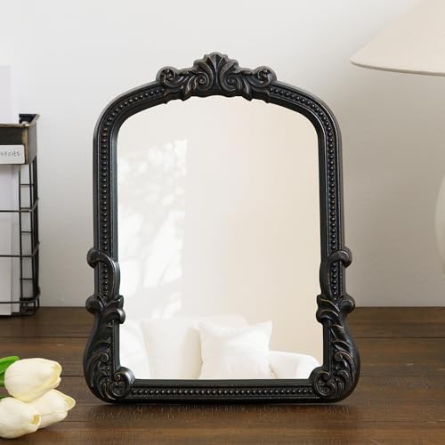 Image of Vintage Vanity Black 9.5x12 Small Tabletop Gothic Mirror with Stand