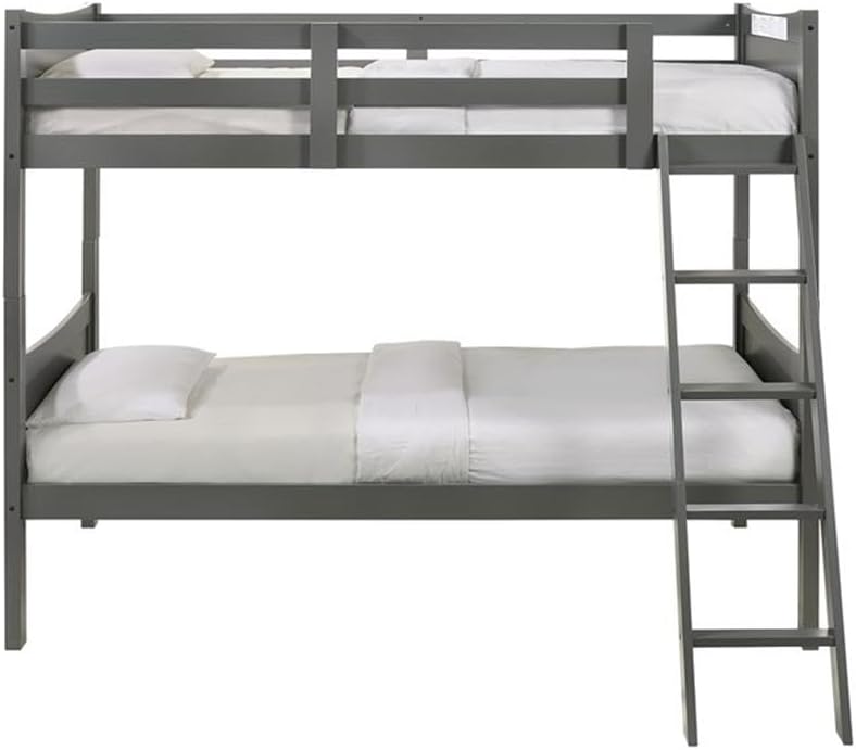 Pemberly Row Transitional Twin Over Twin Bunk Bed, Rubberwood Construction, Gray Finish, 63D x79W x65H, Includes Built-in Stepladder, Space-Saving Design, Sturdy Kids Bedroom Furniture