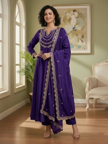 Image of Yashika Women's Silk Blend Embroidered Anarkali Kurta Set with Dupatta | Full Length Ethnic Wear for Women | Wedding