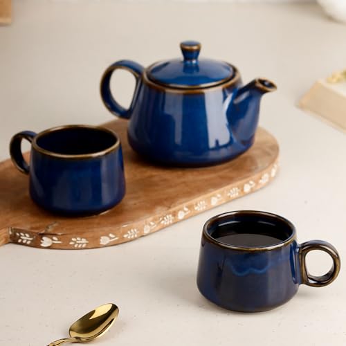 Image of The Earth Store Premium Navy Blue Glaze Ceramic Morning Tea Set - 2 Tea Cups & 1 Kettle Microwave and Dishwasher Safe | Tea Cup with Kettle | Small Morning Set | Ideal for Gifting and Daily Use