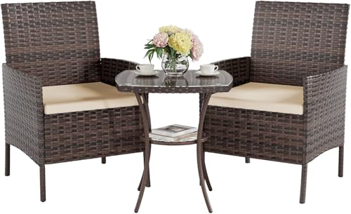 UDPATIO Salon de Jardin Exterieur 2 Fauteuils avec Coussin et 1 Table Basse en Verre trempém, Canapé de Jardin en rotin pour Le Jardin et la terrasse, Marron