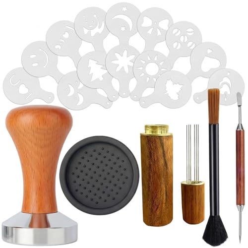 51mm Coffee Tamper Set, Wooden Barista Espresso Accessories Kit with WDT Distribution Tool, Silicone Tamping Mat, Coffee Stirrers, Latte Art Pen & Stencils for Home Coffee Station