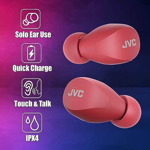 JVC HA-A6T Gumy Mini écouteurs Bluetooth sans Fil, Batterie de 23 Heures, Charge Rapide, contrôle Tactile, IPX4 (Rouge)