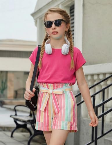 Image of Arshiner Girls 2 Piece Outfit Summer Drop Shoulder Batwing Sleeve Tops and Paperbag Waist Shorts Set Cute Clothing Size 6-14