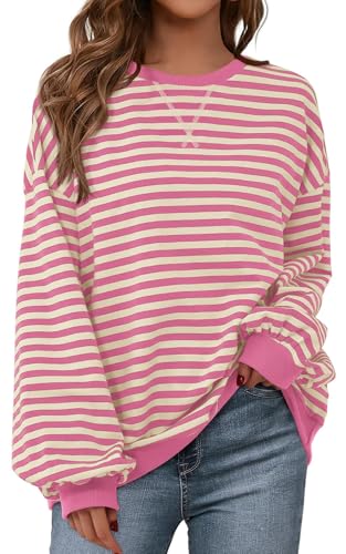 Image of PRETTYGARDEN Womens Striped Oversized Sweatshirt Color Block Crew Neck Long Sleeve Casual Loose Pullover Top Y2K Clothes