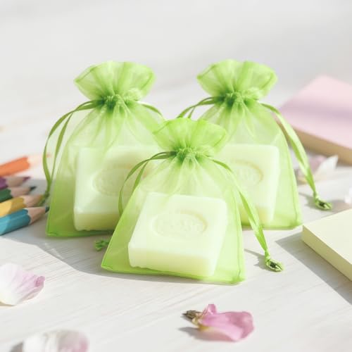 Image of joycraft 50Pcs Light Green Organza Bags - 2.7x3.5 In Sheer Jewelry Mesh Pouch, Small Party Favor Drawstring Pouch for Wedding, Birthday, Baby Shower, DIY Craft