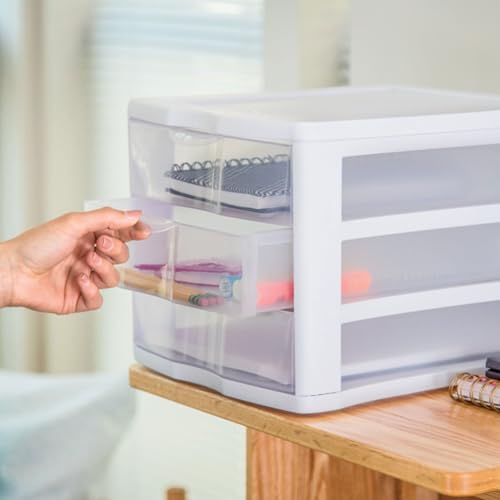 Image of Sterilite 3 Drawer Organizer, Clear Countertop & Desktop Storage, 4 Pack | Organizing Plastic Storage Drawers and Containers for Home, Office, Desk, Clothes, Kitchen, and Pantry