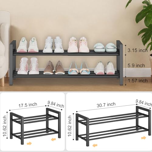 Detsuk 2-Tier Expandable Shoe Rack (17.5"-30.7") – Adjustable Heavy-Duty Metal Shoe Organizer Shelf for Closet, Entryway, Mudroom & Garage – Durable Freestanding Storage, Black — view 3