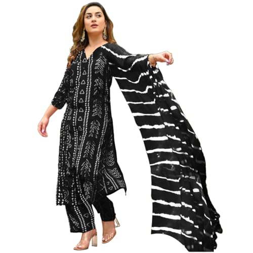 Image of ANNI Designer Women's Rayon Blend Straight Bandhej Printed Kurta with Pant & Dupatta