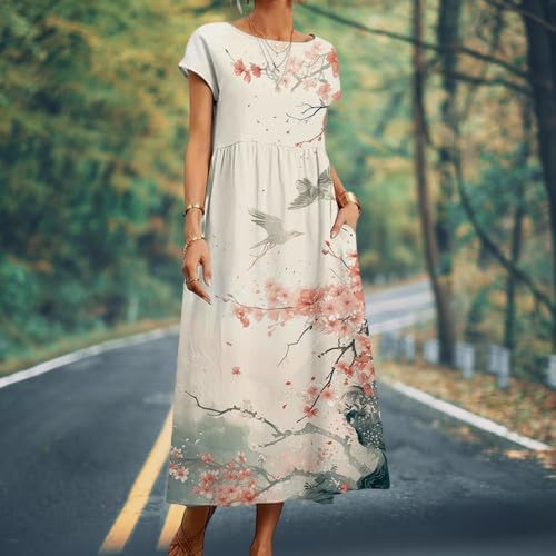 Boho Maxi Dress Floral Cap Sleeve High Waist Smocked Flowy Casual Church Summer Long Womens Tshirt Dress - Image 2